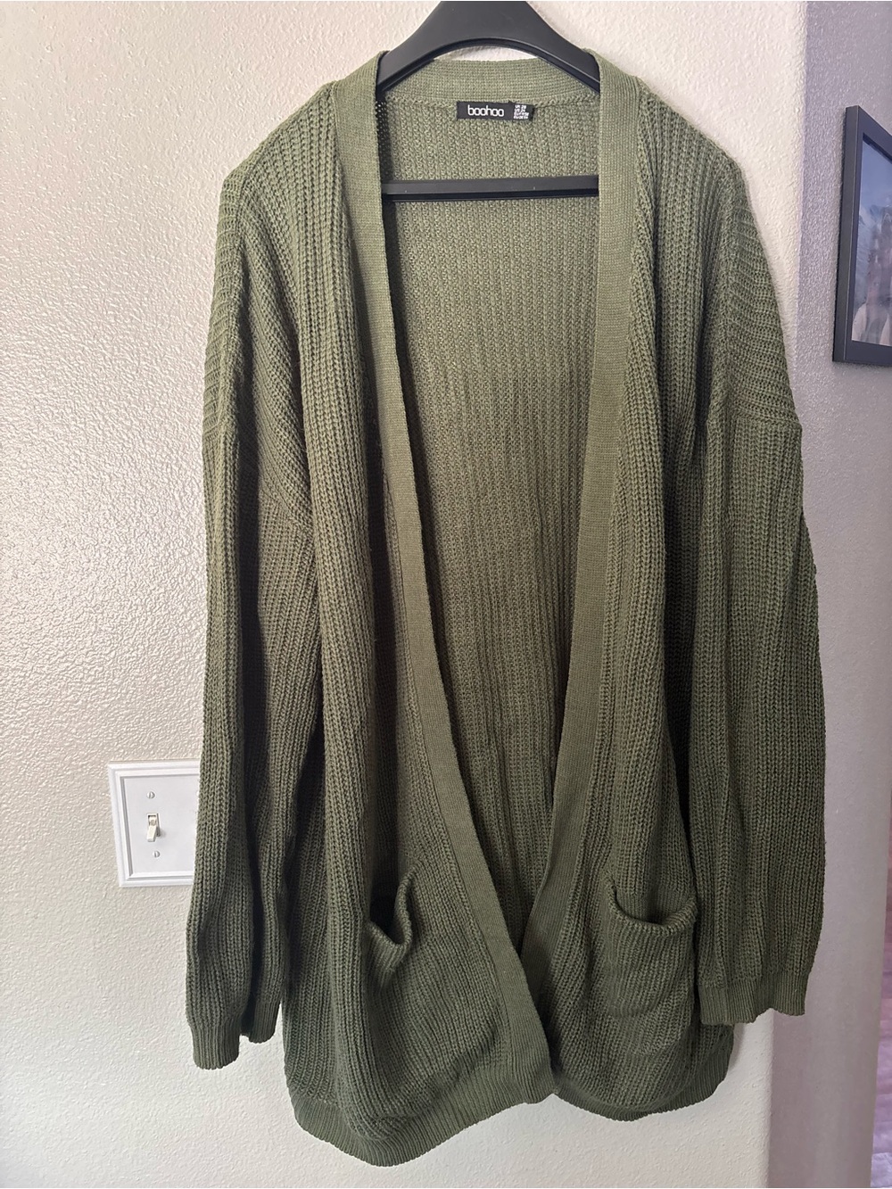 Boohoo Dual-Color Open Front Long Cardigan - Mustard & Olive - Picture 6 of 11